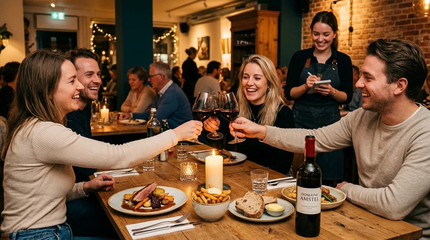 Gasten genieten en proosten met wijn aan een sfeervol gedekte eettafel bij kaarslicht
