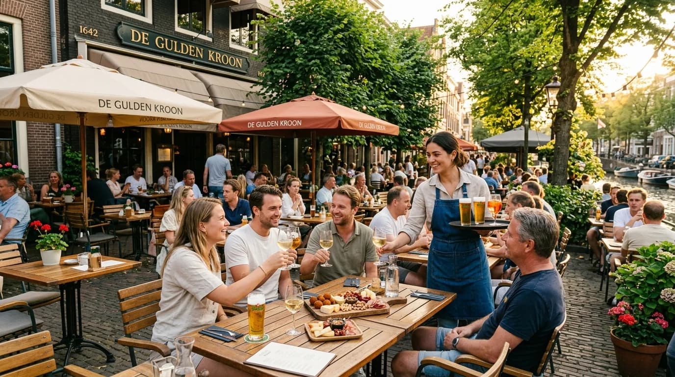 Gezellig druk restaurantterras in de zon met drankjes en bediening
